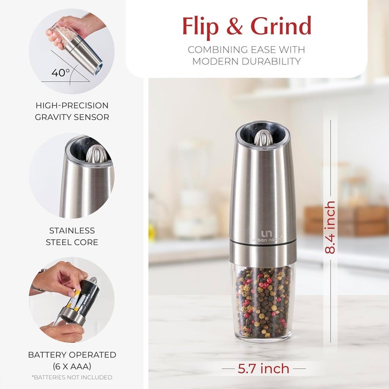 urban noon Gravity Salt and Pepper Grinder Set - Battery Operated Stainless Steel Mills with Light (2 Grinders) - Automatic One Handed Operation - Electric Adjustable Shakers - Ceramic Grinders - Image 4